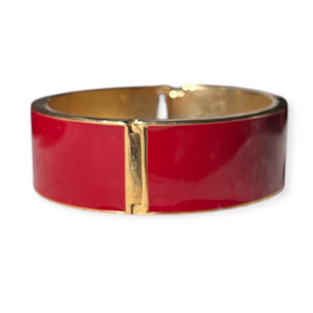 J. Crew Gold Tone Dark Maroon Red Enamel Hinged Bangle Cuff Bracelet, 3/4" Wide